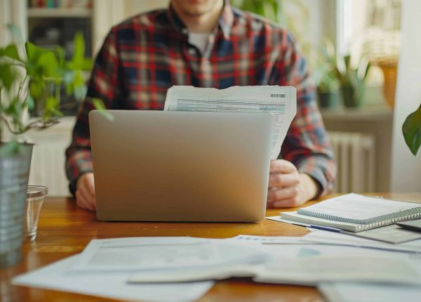 Person calculating tax returns at home, with documents and a laptop